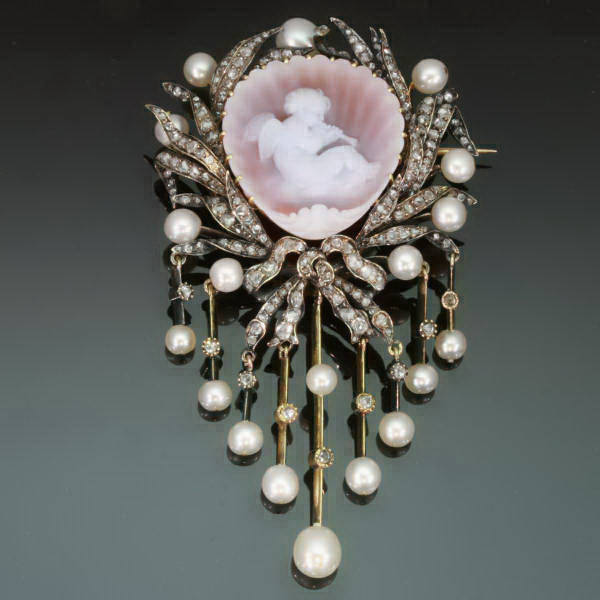 Antique Victorian jewelry brooch with stone cameo angel and diamonds and pearls